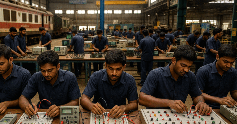 Southern Railway apprentices receiving hands-on technical training at a railway workshop