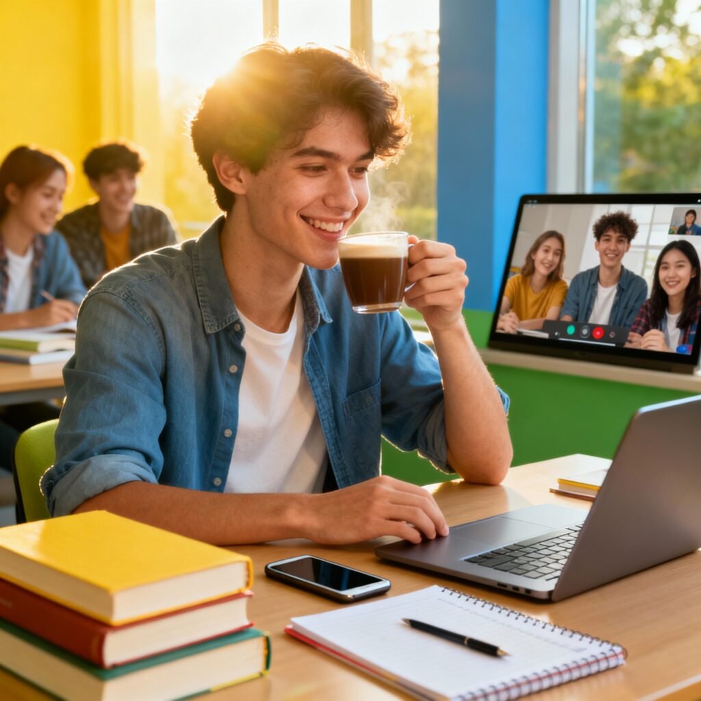 Student balancing studies and social life with books, laptop, and friends, managing time effectively