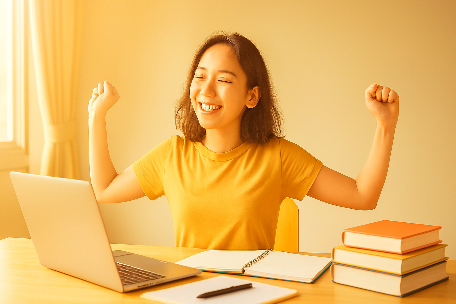Student practicing daily habits for success, studying at a desk with books and laptop in morning sunlight