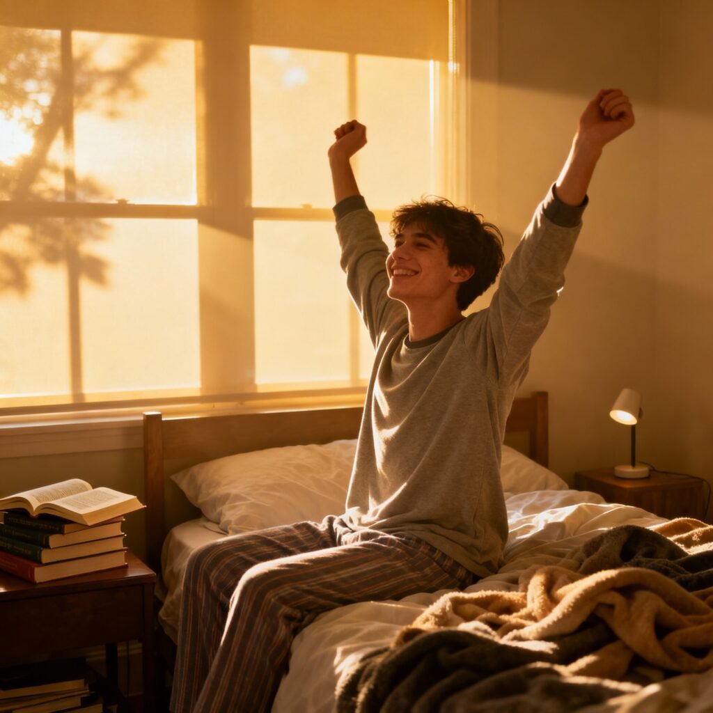 Student waking up early for studies without feeling tired, stretching beside a desk with books in morning sunlight