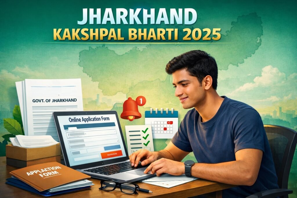 Young aspirant filling Jharkhand Kakshpal Bharti 2025 online application on laptop with official documents and calendar icons