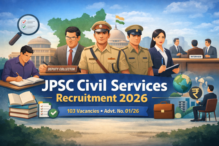 JPSC Civil Services Recruitment 2026 notification banner showing deputy collector, DSP and administrative officers with 103 vacancies under Advertisement No. 01/26