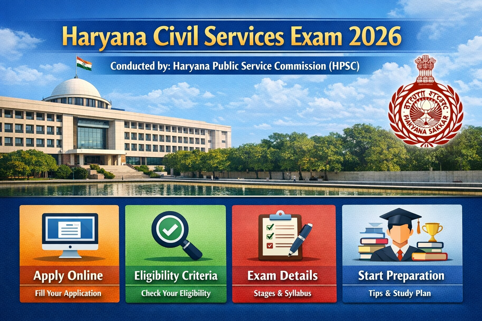 HPSC Haryana Civil Services Exam 2026 notification banner showing apply online, eligibility criteria and exam details