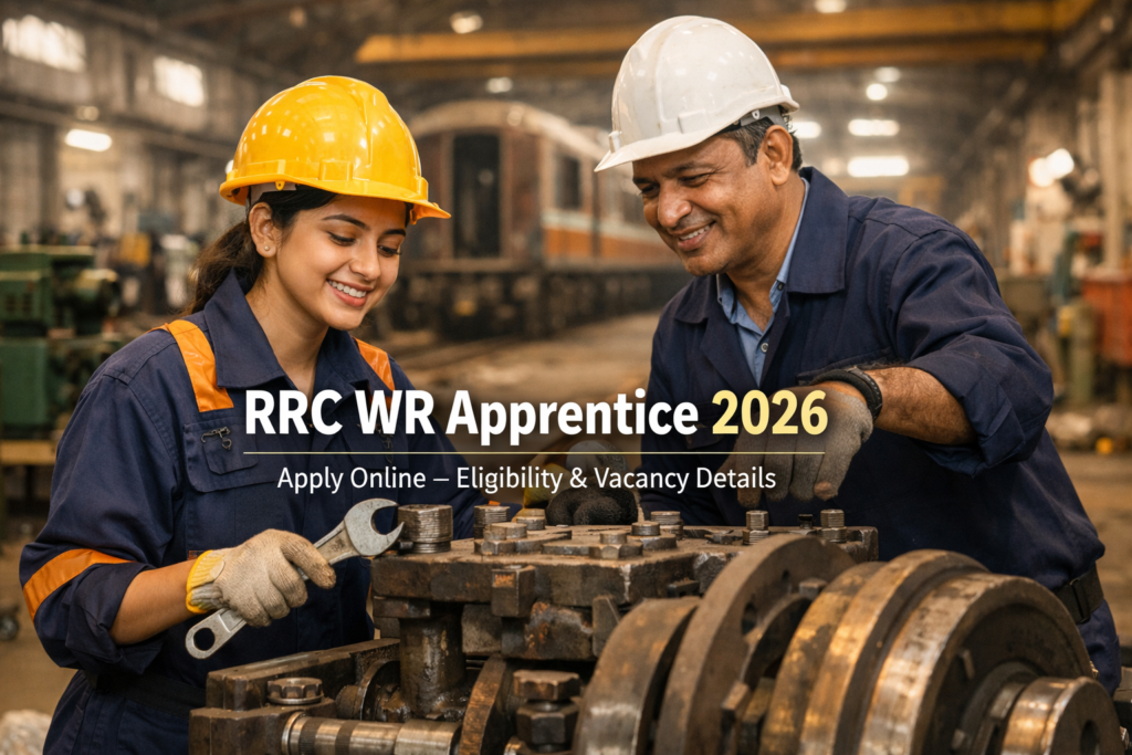 “Young Indian railway apprentice working under guidance in a workshop with safety gear, tools, and railway machinery