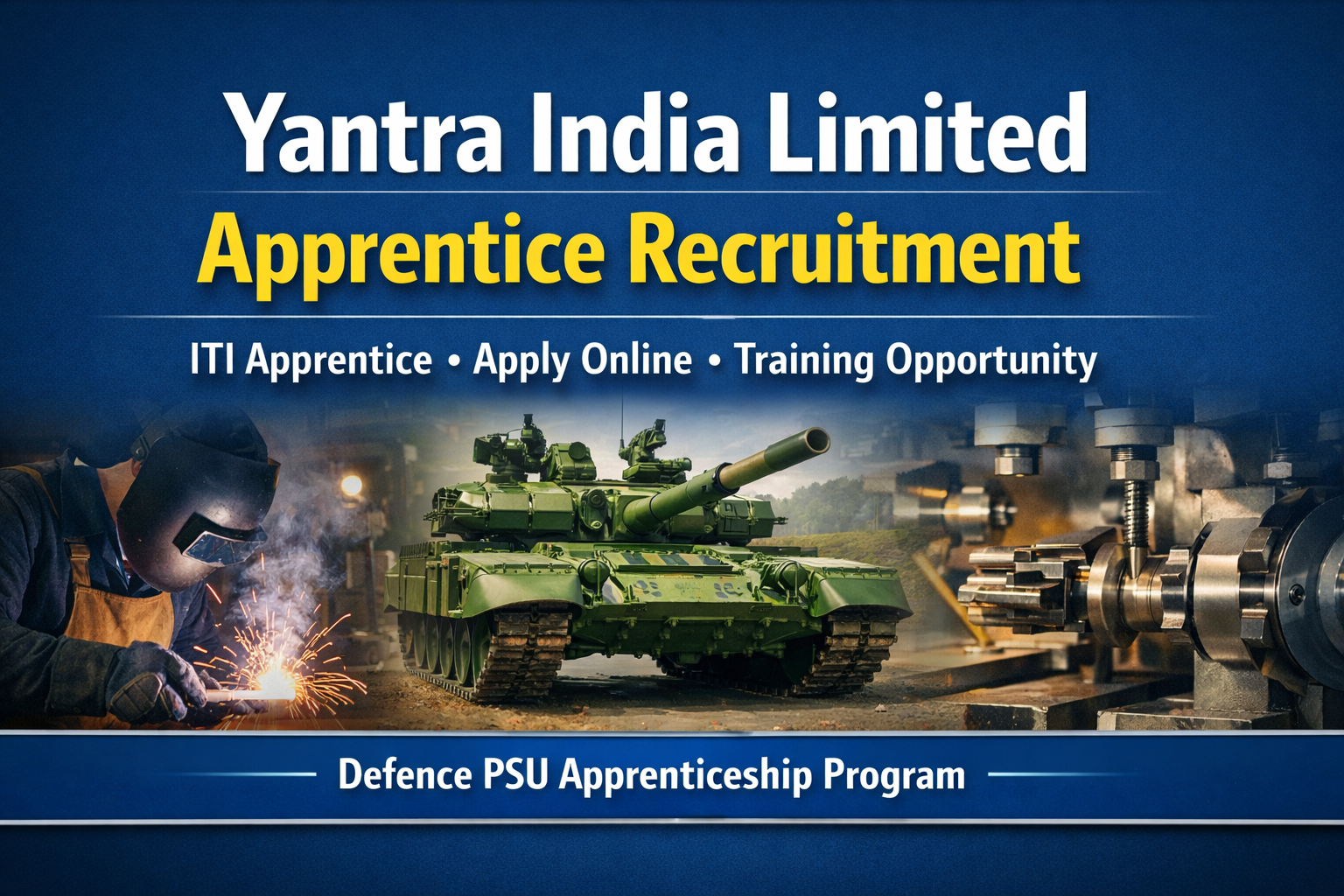 Yantra India Limited Apprentice Recruitment banner showing ITI apprenticeship, apply online training opportunity under Defence PSU program