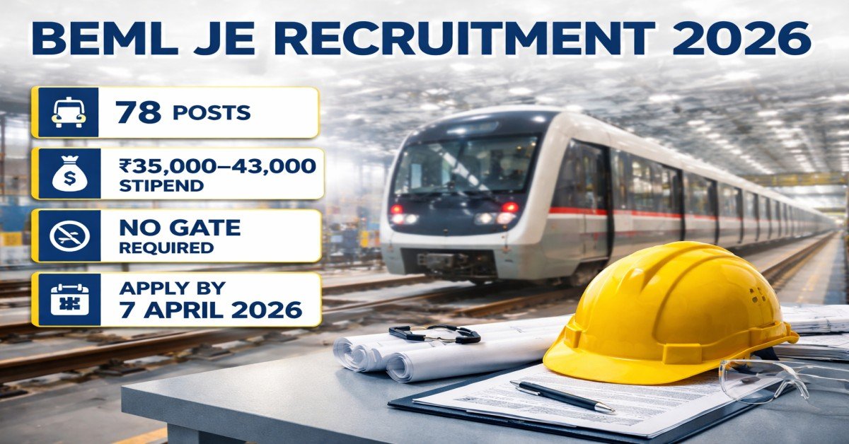 BEML JE Recruitment 2026 featured image showing metro train and job details like 78 posts, no GATE required, stipend ₹35000 to ₹43000 and last date 7 April 2026
