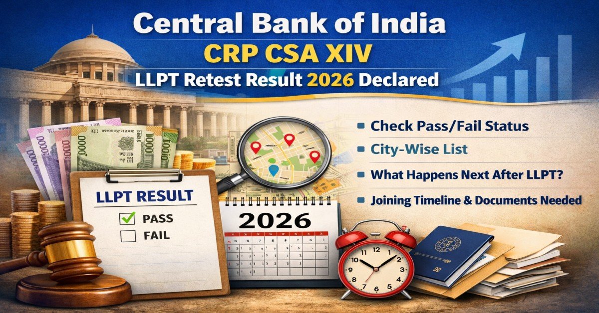 Central Bank of India CRP CSA XIV LLPT Retest Result 2026 declared showing pass fail status city wise list and joining process details