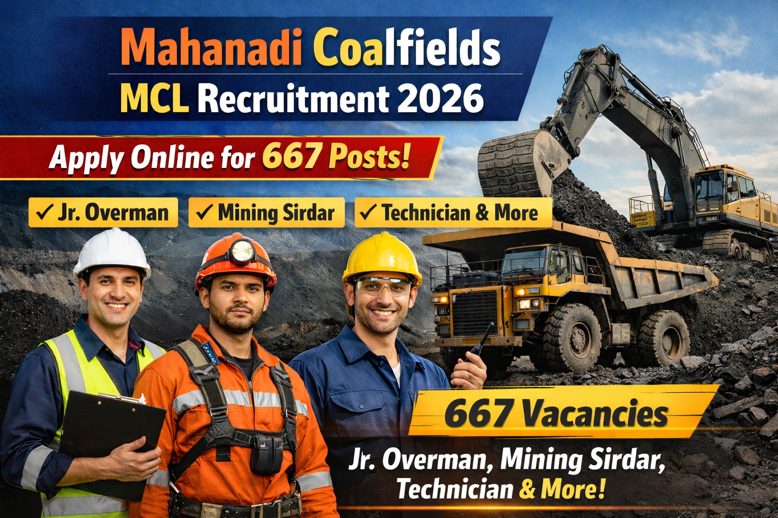 Mahanadi Coalfields MCL Recruitment 2026 apply online for 667 Jr Overman Mining Sirdar Technician posts
