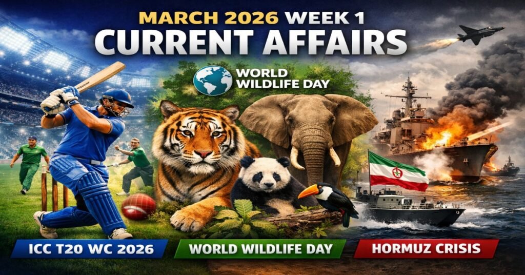 March 2026 Week 1 Current Affairs featuring ICC T20 World Cup, World Wildlife Day and Hormuz Crisis