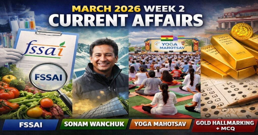 March 2026 Week 2 Current Affairs featuring FSSAI, Sonam Wangchuk, Yoga Mahotsav and Gold Hallmarking with MCQs