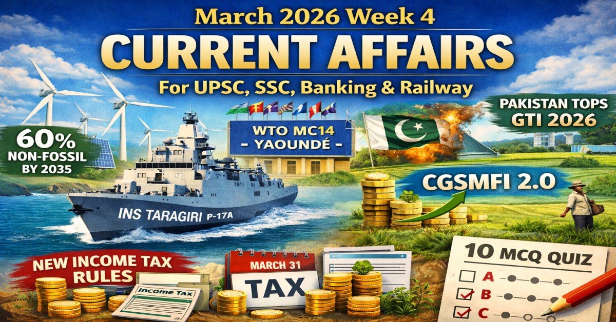 March 2026 Week 4 Current Affairs for UPSC SSC Banking Railway including India NDC 60 percent non fossil target 2035 INS Taragiri P17A WTO MC14 Yaounde Pakistan GTI 2026 CGSMFI 2.0 and new income tax rules with MCQ quiz