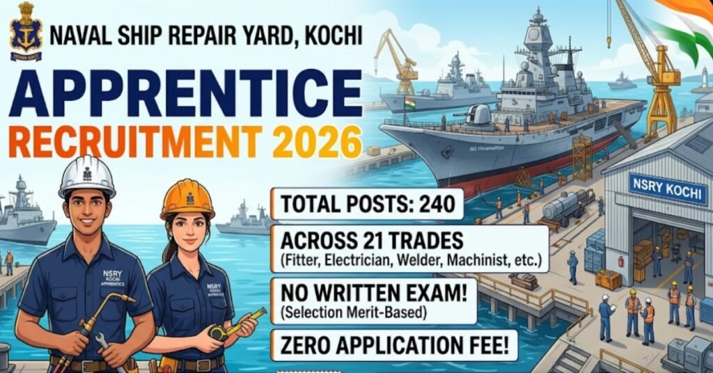 Naval Ship Repair Yard Kochi Apprentice Recruitment 2026 announcement showing 240 posts across 21 trades with no exam and zero fee.