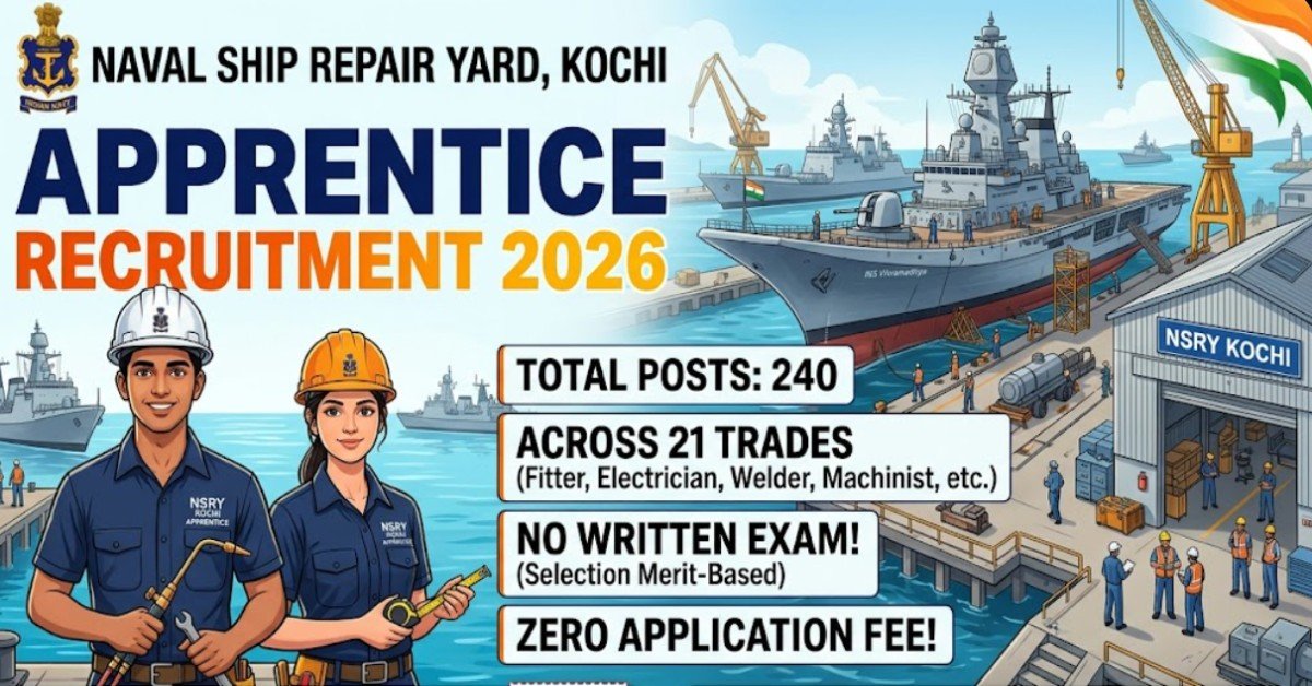 Naval Ship Repair Yard Kochi Apprentice Recruitment 2026 announcement showing 240 posts across 21 trades with no exam and zero fee.