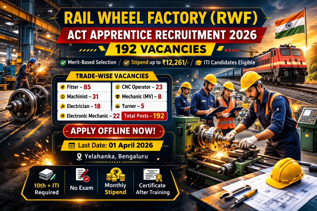 Rail Wheel Factory Apprentice Recruitment 2026 notification banner showing 192 vacancies for ITI trades in Bengaluru