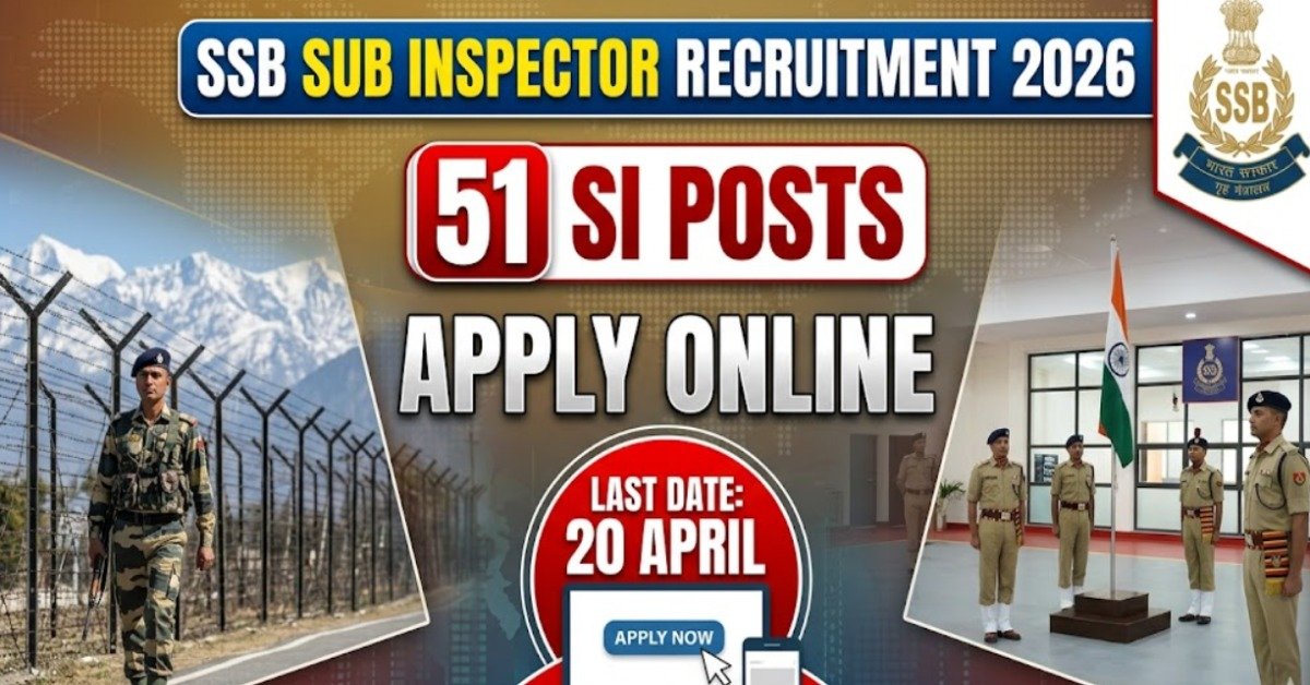Featured image for SSB Sub Inspector Recruitment 2026 announcement. Text displays: "51 SI Posts," "Apply Online," and "Last Date: 20 April." The image includes the official SSB crest and split scenes of a soldier on the border and four officers in an indoor parade setting.