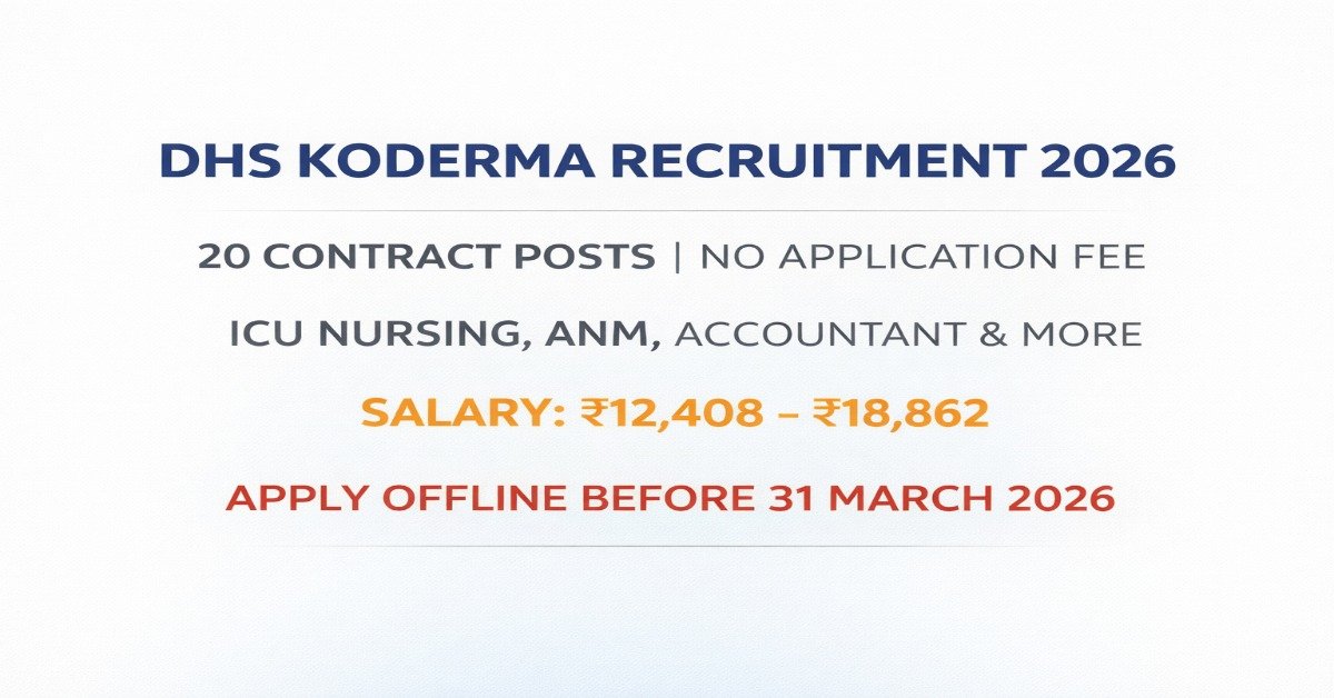 DHS Koderma Recruitment 2026 for 20 contract posts including ICU Nursing ANM Accountant salary 12408 to 18862 apply offline last date 31 March 2026