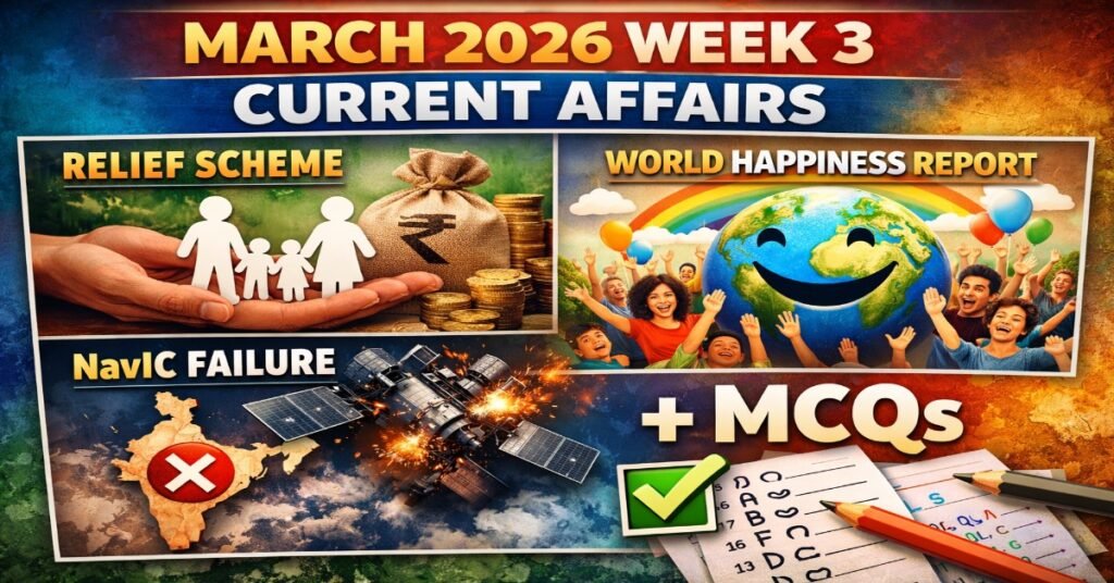 March 2026 Week 3 Current Affairs Relief Scheme World Happiness Report NavIC Failure MCQ