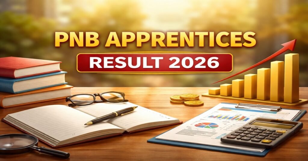 PNB Apprentices Result 2026 announcement concept image with books, notebook, calculator and growth chart