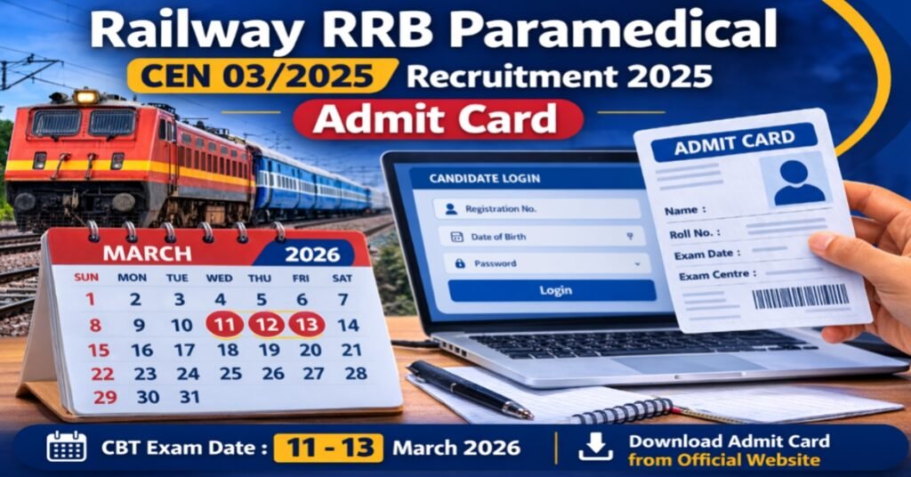 RRB Paramedical Admit Card 2026 for CEN 03/2025 recruitment with CBT exam date 11-13 March 2026 and hall ticket download details