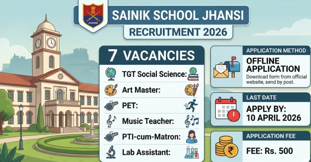 Sainik School Jhansi Recruitment 2026 notification banner for 7 teaching and staff posts including TGT Social Science, Art Master, and Lab Assistant.