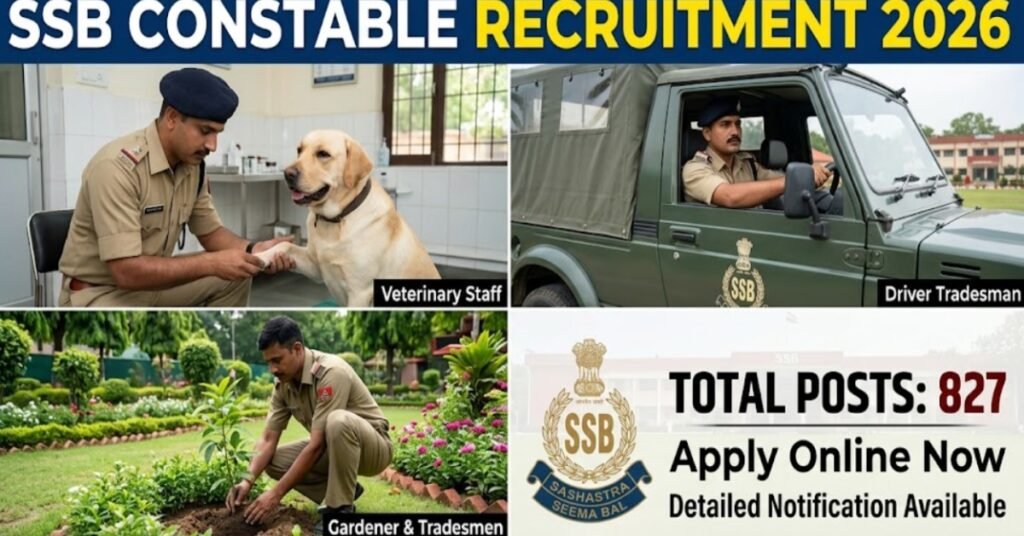 SSB Constable Recruitment 2026 for 827 posts including Veterinary Driver Gardener notification details