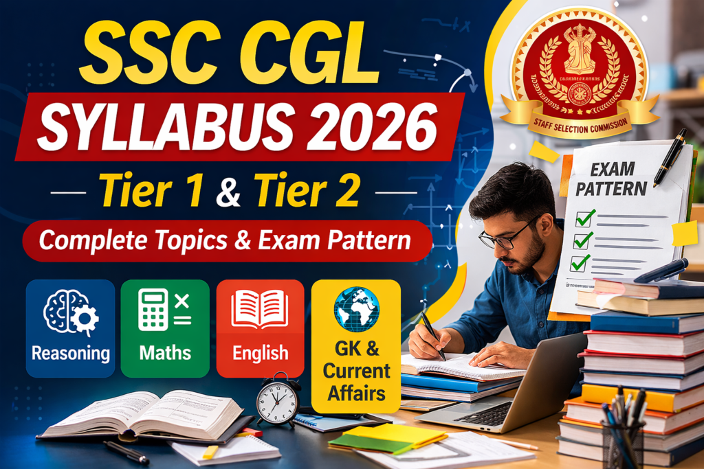 SSC CGL Syllabus 2026 Tier 1 and Tier 2 complete subjects including Reasoning Maths English and General Awareness
