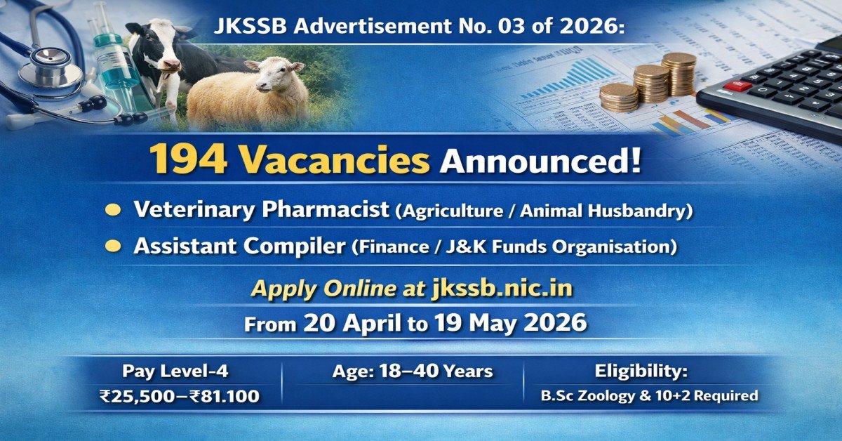 JKSSB Advertisement No. 03 of 2026 featured image for 194 Veterinary Pharmacist and Assistant Compiler vacancies