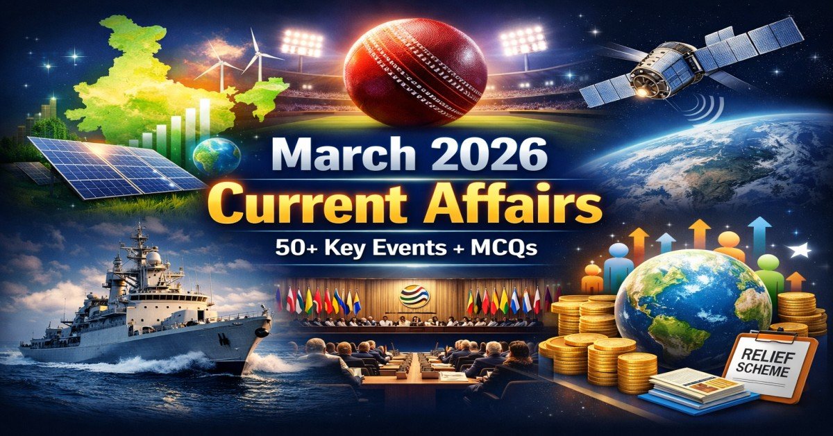 March 2026 monthly current affairs highlights including India NDC, ICC T20 World Cup, INS Taragiri, WTO MC14, NavIC and World Happiness Report