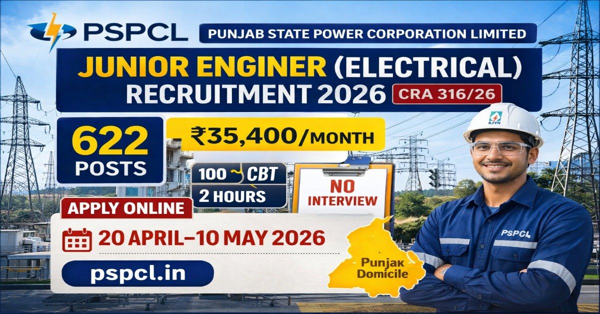 PSPCL JE Electrical Recruitment 2026 622 posts apply online salary eligibility exam details
