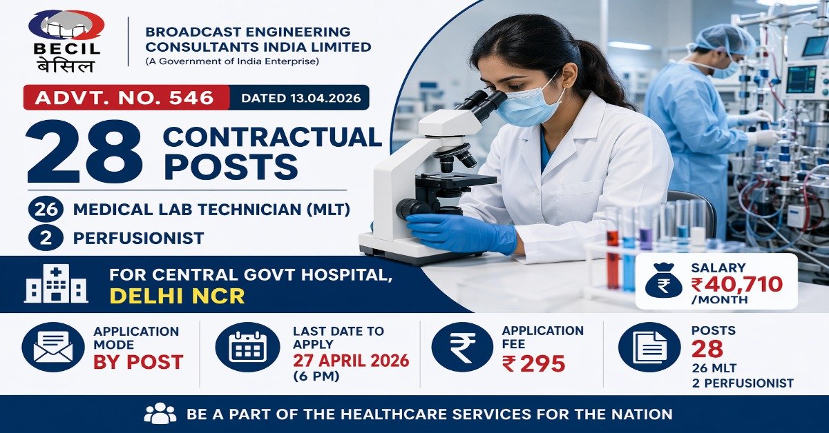 BECIL Recruitment 2026 for 28 posts including Medical Lab Technician and Perfusionist salary 40710 Delhi NCR last date 27 April