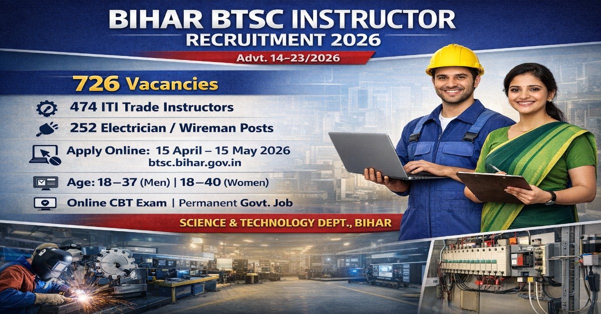Bihar BTSC Instructor Recruitment 2026 726 vacancies ITI Trade Instructor Electrician Wireman apply online dates eligibility