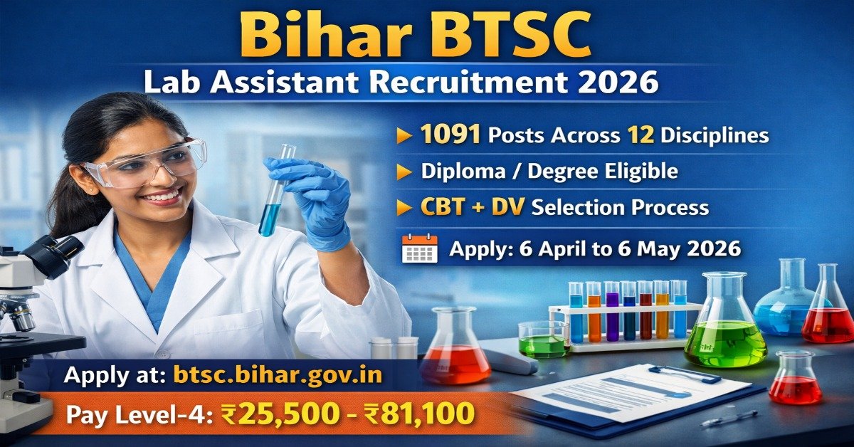 Bihar BTSC Lab Assistant Recruitment 2026 notification for 1091 posts with CBT and document verification process, eligibility diploma or degree candidates