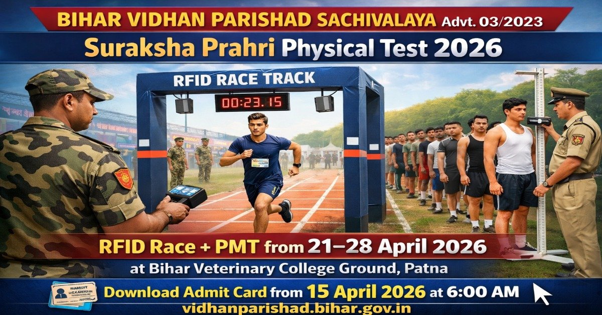 Bihar Vidhan Parishad Suraksha Prahri Physical Test 2026 RFID race PMT details and admit card download date April 2026 Patna