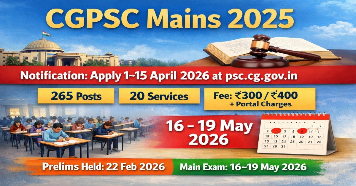 CGPSC Mains 2025 Notification apply date 1 to 15 April 2026 exam 16 to 19 May 265 posts details