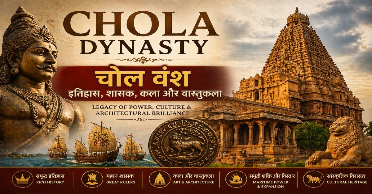 Chola Dynasty featured image showing Brihadeeswara Temple, Chola rulers, naval power and South Indian architecture