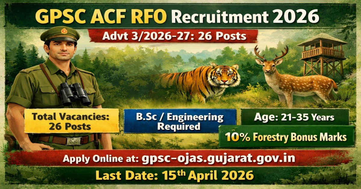 GPSC ACF RFO Recruitment 2026 featured image showing 26 Assistant Conservator of Forest and Range Forest Officer vacancies with eligibility, age limit, and last date 15 April 2026