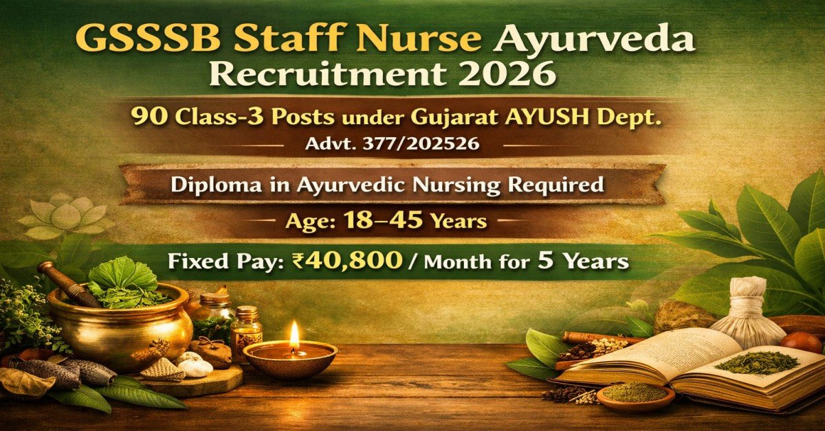 GSSSB Staff Nurse Ayurveda Recruitment 2026 featured image showing 90 Gujarat AYUSH Staff Nurse Class 3 vacancies with Ayurvedic theme