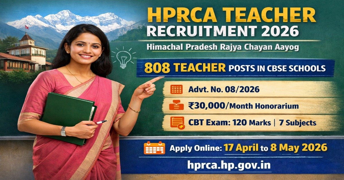 HPRCA Teacher Recruitment 2026 for 808 posts in CBSE schools Himachal Pradesh apply online dates salary CBT exam details