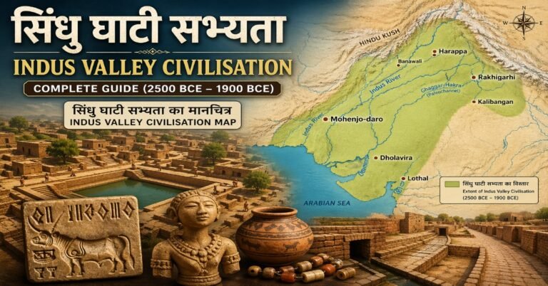 सिंधु घाटी सभ्यता का मानचित्र (2500 BCE – 1900 BCE) – Indus Valley Civilisation map showing major sites like Harappa, Mohenjo-daro, Dholavira and Lothal