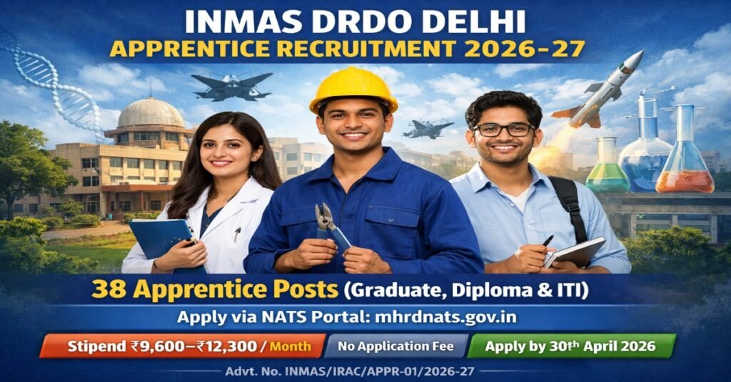 INMAS DRDO Delhi Apprentice Recruitment 2026-27 for 38 posts Graduate Diploma ITI apply NATS