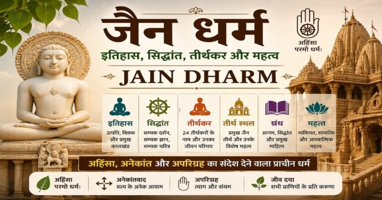 जैन धर्म featured image जिसमें तीर्थंकर प्रतिमा, जैन मंदिर, अहिंसा प्रतीक, जैन सिद्धांत और 24 तीर्थंकरों की जानकारी दर्शाई गई है।
