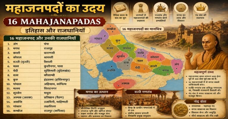 16 महाजनपदों का मानचित्र और इतिहास — अंग, मगध, काशी, कोशल, वज्जि, मल्ल सहित उनकी राजधानियाँ, मगध का उत्थान और नंद वंश