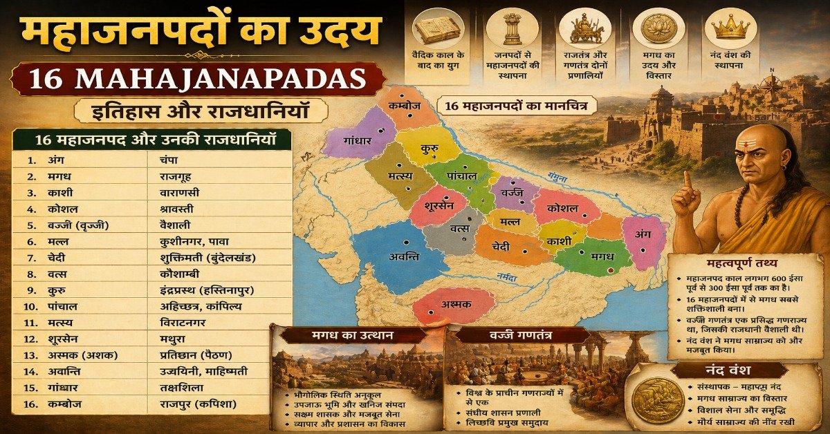16 महाजनपदों का मानचित्र और इतिहास — अंग, मगध, काशी, कोशल, वज्जि, मल्ल सहित उनकी राजधानियाँ, मगध का उत्थान और नंद वंश