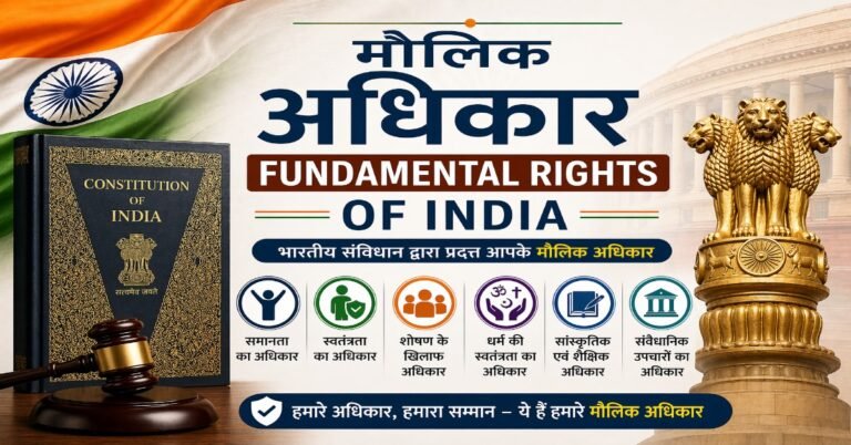 मौलिक अधिकार (Fundamental Rights of India) featured image जिसमें भारतीय संविधान, अशोक स्तंभ, संसद भवन और छह मौलिक अधिकार दर्शाए गए हैं।