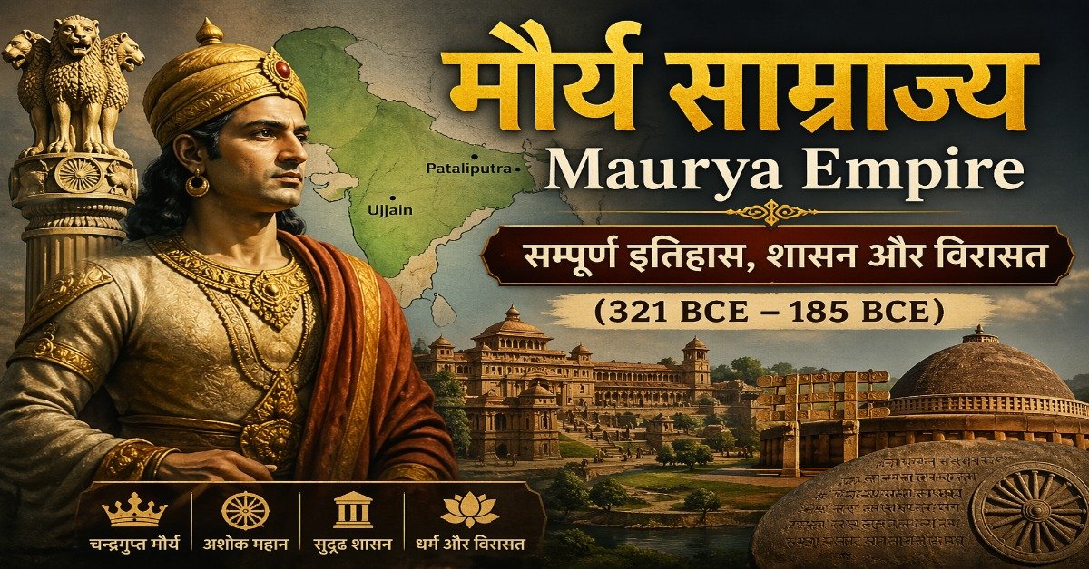 मौर्य साम्राज्य का चित्र जिसमें चंद्रगुप्त मौर्य, अशोक स्तंभ, मौर्य मानचित्र और सांची स्तूप दर्शाए गए हैं