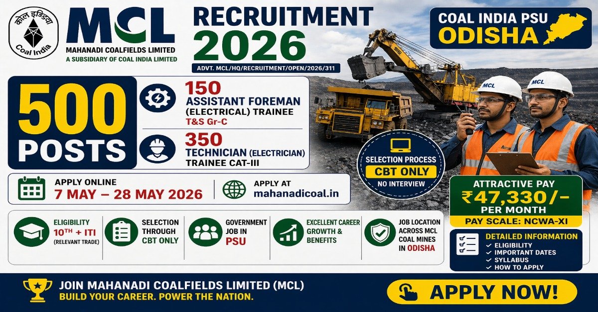 MCL Recruitment 2026 500 posts assistant foreman electrical technician electrician salary 47330 apply online coal india