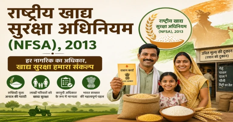 राष्ट्रीय खाद्य सुरक्षा अधिनियम (NFSA), 2013 का चित्र जिसमें राशन कार्ड, खाद्यान्न वितरण और लाभार्थी परिवार दर्शाए गए हैं।