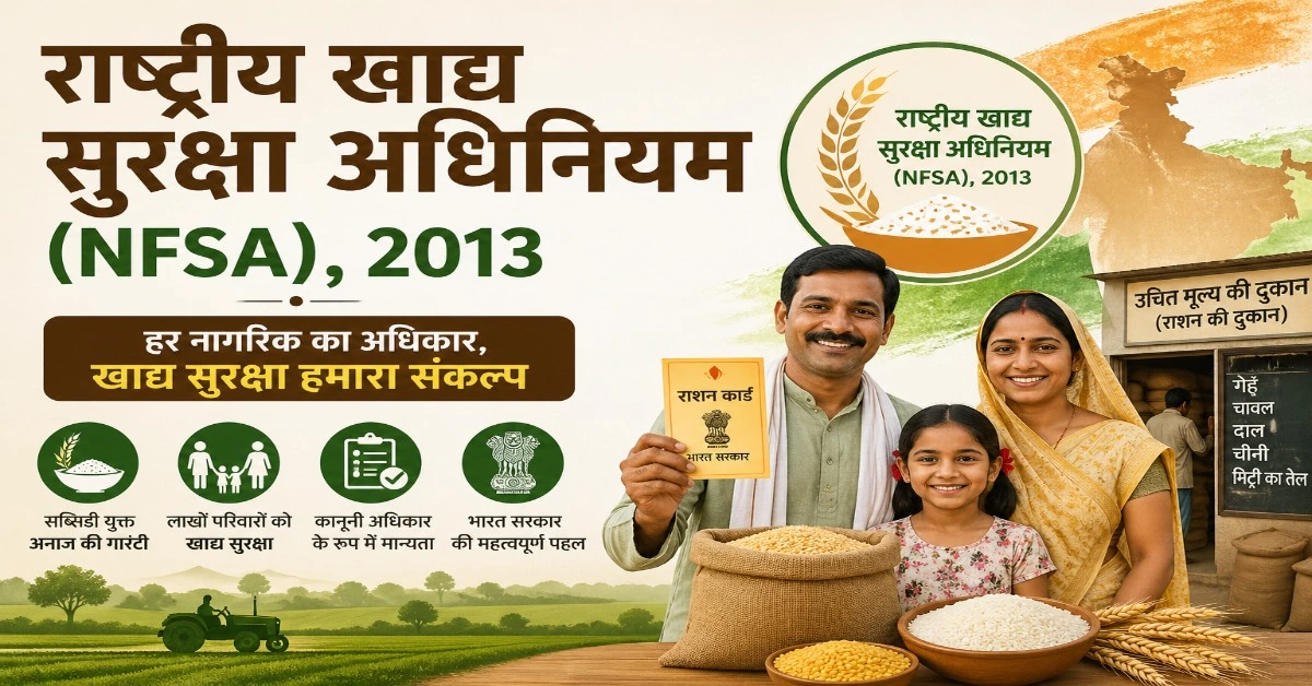 राष्ट्रीय खाद्य सुरक्षा अधिनियम (NFSA), 2013 का चित्र जिसमें राशन कार्ड, खाद्यान्न वितरण और लाभार्थी परिवार दर्शाए गए हैं।