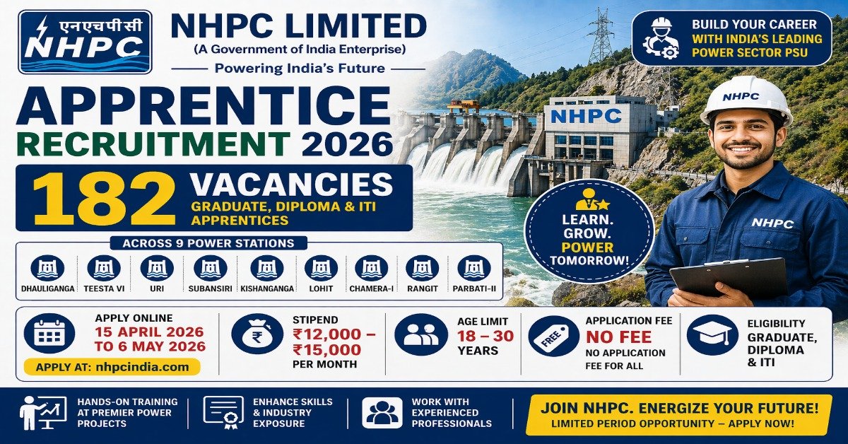 NHPC Apprentice Recruitment 2026 182 vacancies graduate diploma ITI stipend 12000 to 15000 apply online no fee
