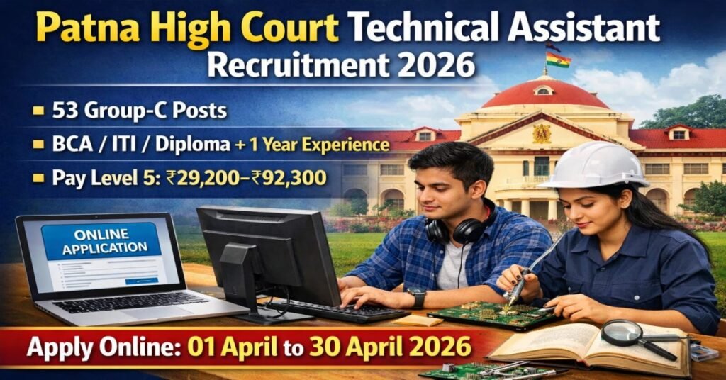 Patna High Court Technical Assistant Recruitment 2026 notification for 53 Group-C posts with BCA, ITI or Diploma eligibility and online application dates 1 April to 30 April 2026.